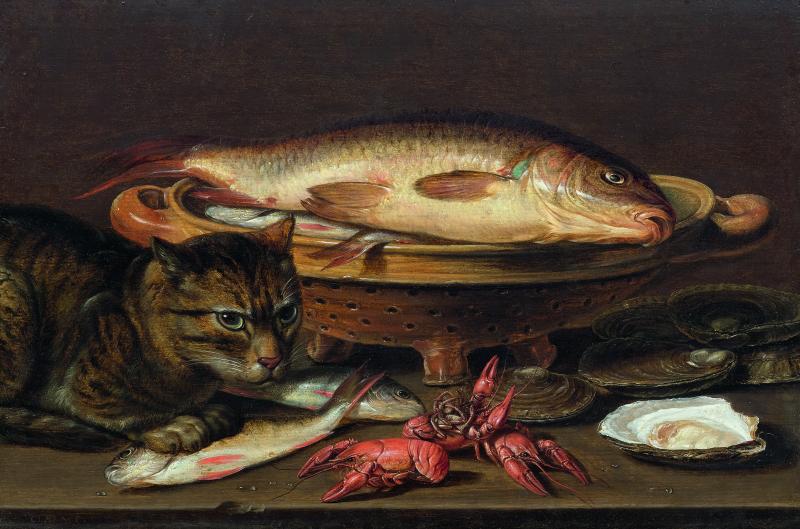 CLARA PEETERS (um 1590 Antwerpen um 1659) Stillleben mit Katze, Fischen, Austern und Krustentieren. Öl auf Holz. 34 x 48 cm. Verkauft für CHF 132 500