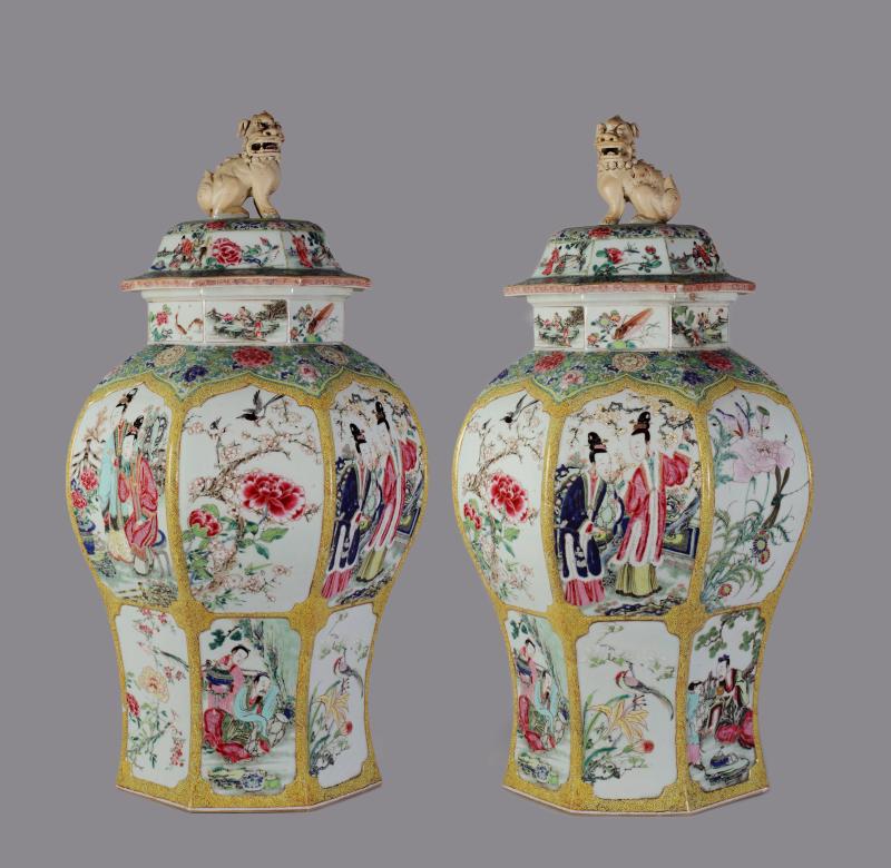 PAIR OF LARGE OCTAGONAL VASES Famille rose porcelain Height 67 cm (26.4 in.) China - Yongzheng period, circa 1730