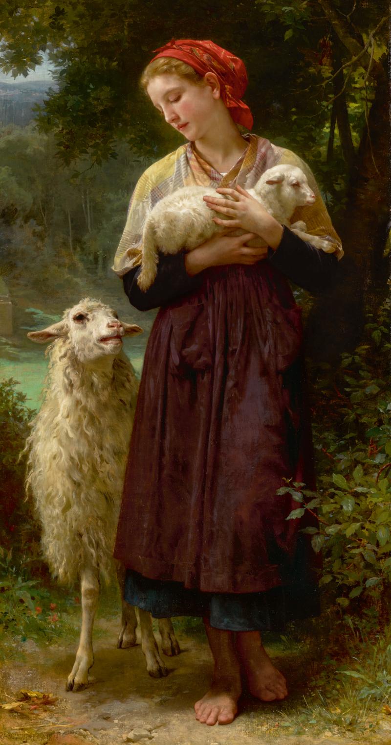 Lot 25 Works Of Art Sold To Benefit The Berkshire Museum William Bouguereau L'agneau Nouveau-Né (The Newborn Lamb) signed W-BOUGUEREAU- and dated 1873 (lower left)  oil on canvas 65 by 34 5/8 in. 165.1 by 87.9 cm Estimate $1.5/2 million