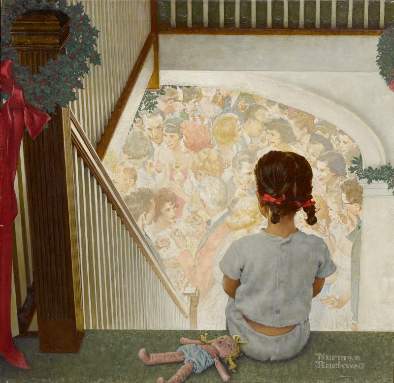 Lot 7 Property From The Collection Of Mrs. Dolores Storch Norman Rockwell Little Girl Looking Downstairs At Christmas Party signed Norman/Rockwell (lower right) oil on canvas 28 by 29 inches; 71.1 by 73.7 cm Painted in 1964. Estimate $1/1.5 Million Sold for $2,055,000