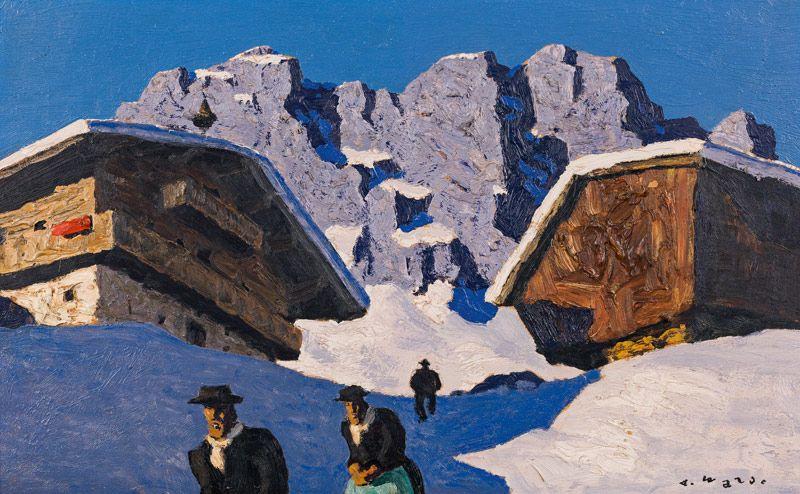 Alfons Walde*  Häuser im Gebirge, um 1930 Öl auf Karton, 42 x 67,5 cm Schätzpreis:	150.000 - 300.000 EUR