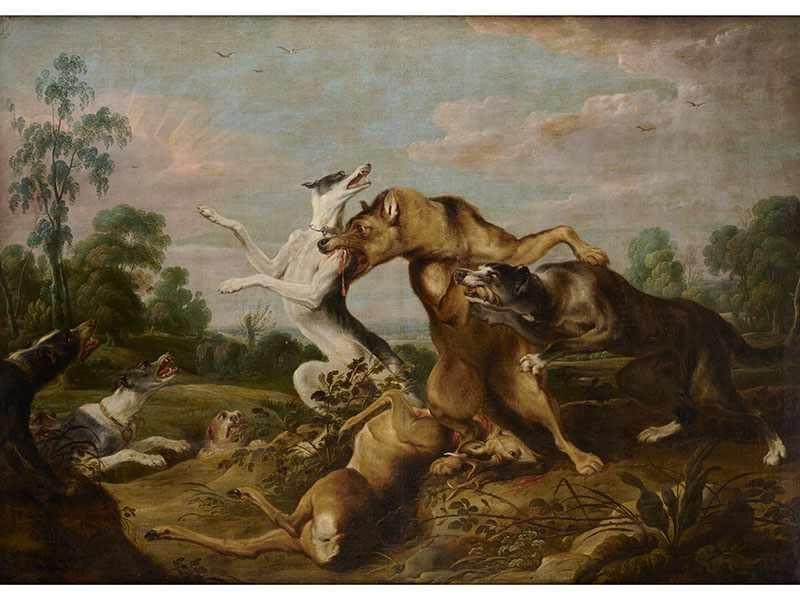 Frans Snyders, 1579 Antwerpen "" 1657 ebenda Kampf DER WÖLFE UND HUNDE Öl auf Leinwand. Doubliert. 202 x 248 cm. Schätzpreis:	100.000 - 150.000 EUR