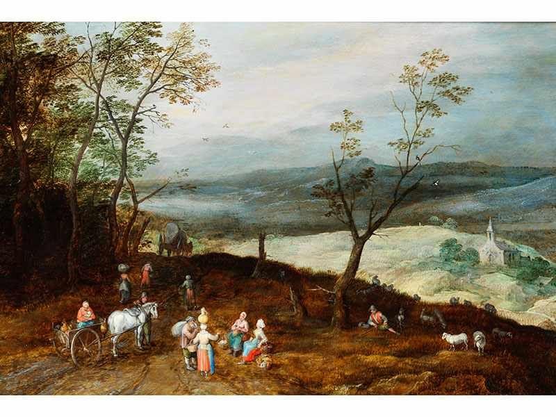 Jan Brueghel d. J., 1601 "" 1678 WEITE HÜGELIGE LANDSCHAFT MIT RAST AUF DER LANDSTRAßE Öl auf Holz. 38,7 x 55,4 cm.  Schätzpreis:	120.000 - 150.000 EUR