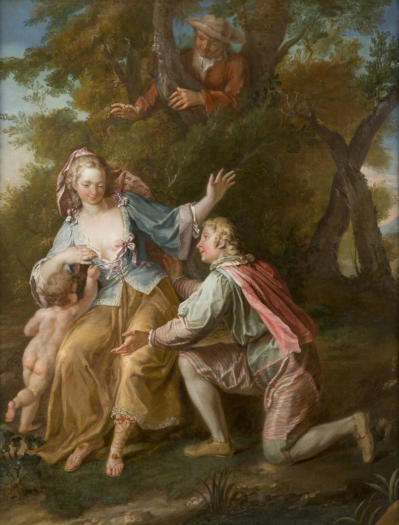 LOUIS-MICHEL VAN LOO (1707 Toulon - 1771 Paris), GALAN-TE SZENE, Öl auf Leinwand, 79 cm x 62,5 cm, Provenienz: Süddeutsche Privatsammlung. Limit: 18.000,- €