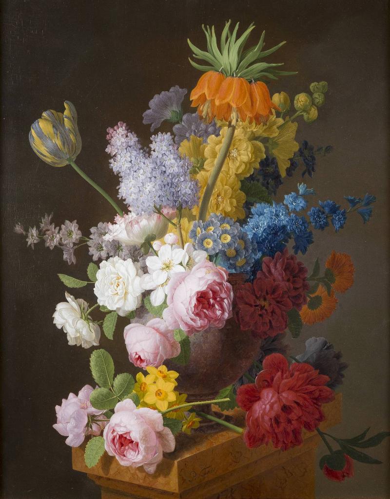 PETER FAES(1750 Antwerpen - 1814 Ebenda), OPULENTES BLUMENSTILLLEBEN, Öl auf Holztafel. 74,5 cm x 58 cm, Provenienz: Süddeutsche Privatsammlung. Limit: 15.000,- €