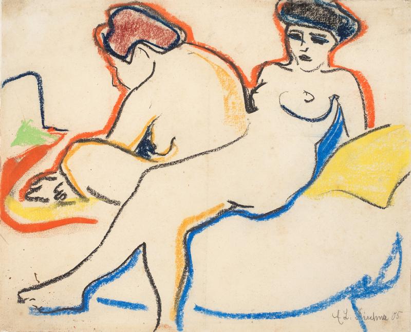 Ernst Ludwig Kirchner (1880–1938) Zwei Akte auf Lager  (Zwei Modelle)  um 1907/08 Schwarze Kunstkreide und Farbkreiden auf geripptem Doppelpapier 34.6 x 42.8 cm Kunstmuseum Bern,  Legat Cornelius Gurlitt 2014, Inv.Nr. A 2017.041