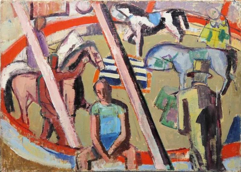 Werner Laves, Zirkusszene, Ölgemälde um 1940 Werner Laves,1903- 1972, Aufführung in der Manege mit Pferden Schätzpreis:	2.000 - 2.500 EUR