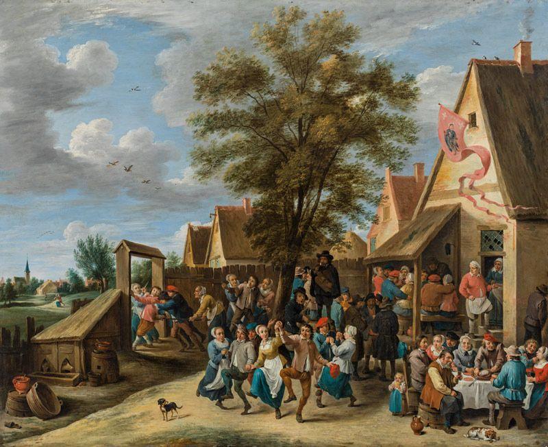 Abraham Teniers  Kirmesfest mit fröhlich tanzenden Dorfleuten, um 1646 Öl auf Kupfer, parkettiert, 70,9 x 87,4 cm Schätzpreis:	50.000 - 100.000 EURO