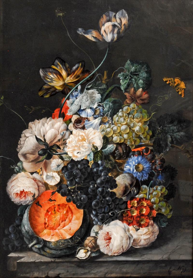 Joseph Nigg: Blumenstillleben mit Früchten und Falter