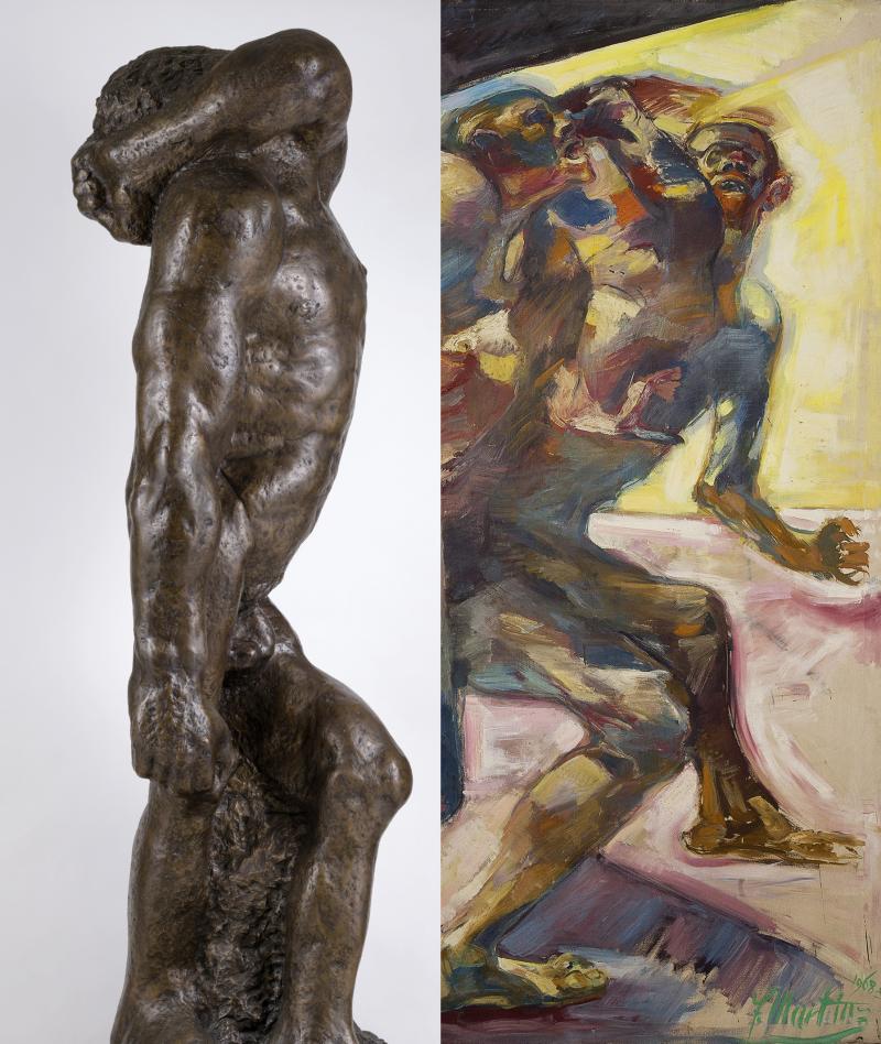 Sujet "Hrdlicka/Martinz", Alfred Hrdlicka, Orpheus II, 1963 (Detail), Neue Galerie Graz, UMJ (Schenkung Suschnigg) © Alfred Hrdlicka-Archiv, Wien: www.alfred-hrdlicka.com, Foto: Universalmuseum Joanneum/N. Lackner / Fritz Martinz, Läuferbild, 1968 (Detail), Dorothea Martinz, © Bildrecht, Wien, 2018, Foto: Thomas Mayr