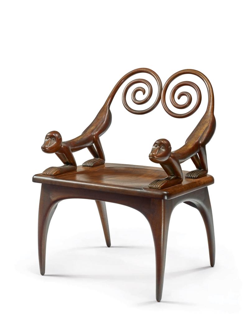 Judy Kensley McKie “Monkey” Armchair from an edition of 12 plus 4 artist’s proofs bronze executed by Mussi Artworks Foundry, Berkeley, California; wood executed by Herrick & White, Cumberland, Rhode Island; patinated bronze, walnut underside of seat signed and dated ©JKM/1994; each monkey signed ©JKM 35 x 24. x 23. in.; 88.9 x 62.9 x 59.7 cm Estimate $20/30,000