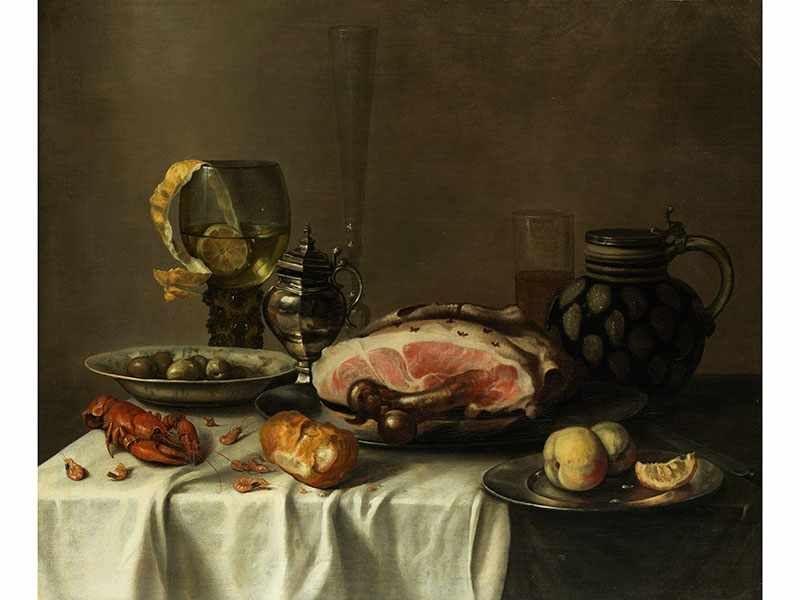 Willem Claesz. Heda, 1594 Haarlem "" 1680/82 PRACHTVOLLES STILLLEBEN MIT SCHINKEN Öl auf Leinwand. Doubliert. 68 x 83 cm.  Schätzpreis:	35.000 - 40.000 EUR