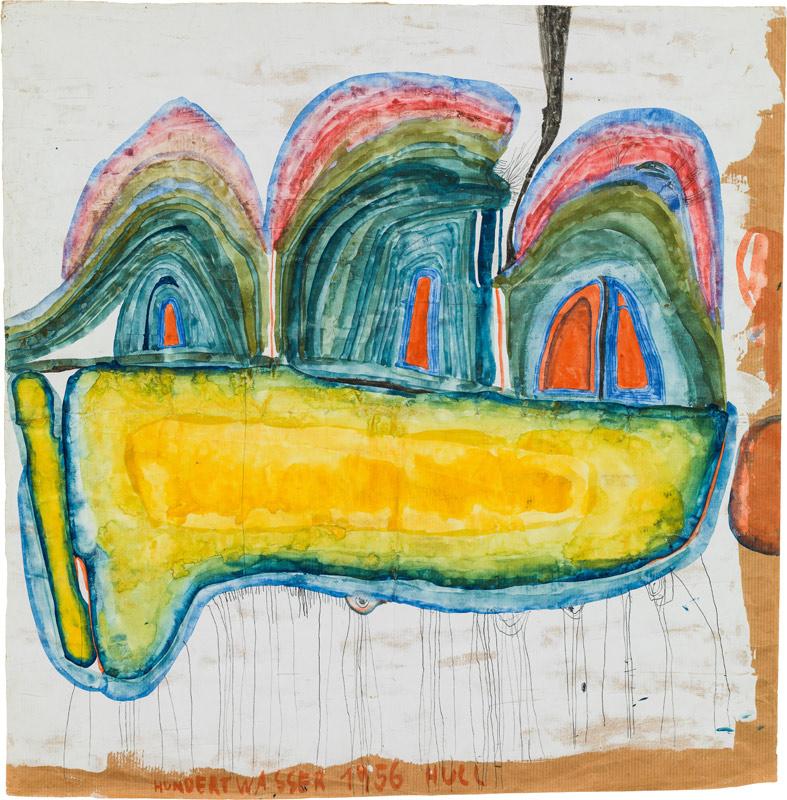 Friedensreich Hundertwasser* (1928 – 2000) Trois Collines Sur Le Nuage Jaune. 1956 Aquarell auf Packpapier 50 x 49,5 cm 100.000 – 200.000 €