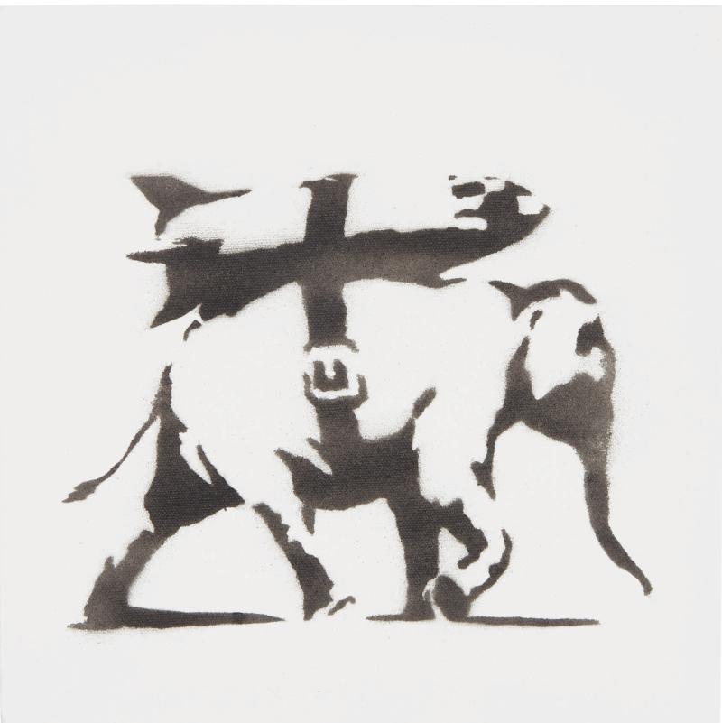 Lot 10 Banksy Heavy Weaponry stenciled with the artist’s name on the right overturn; numbered 10/25 on the stretcher spray paint on canvas 12 x 12 in.; 30.5 x 30.5 cm Executed in 2004, this work is number 10 from an edition of 25.  Estimate $50/70,000 Sold for $137,500