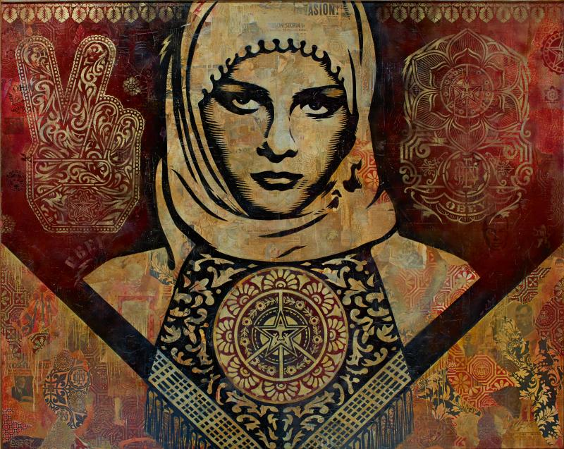 Lot 20 Shepard Fairey Arab Woman signed and dated 06 stencil, silkscreen and painted printed-paper, collage on canvas 96 x 120 in.; 243.8 x 304.8 cm. Estimate $70/90,000 Sold for $112,500