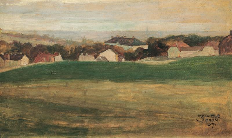 Egon Schiele Wiesenlandschaft mit Häusern, 1907 Privatbesitz © Belvedere, Wien Öl auf Karton, 21,3 × 35,2 cm