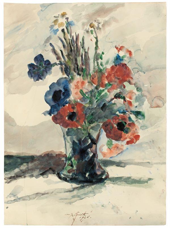 Lovis Corinth (Tapiau/Ostpreußen 1858 – 1925 Zandvoort) Vase mit Blumen. 1925 Aquarell auf festem Velin. 63,5 × 47,6 cm ( 25 × 18 ¾ in.). Unten mittig mit Feder signiert und datiert: Lovis Corinth 1925.  Schätzpreis:	100.000 - 150.000 EUR