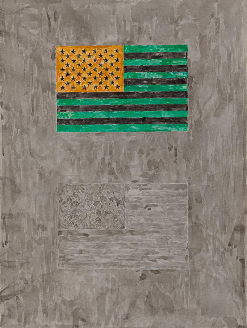 Lot 10 Property from the Collections of Michael Asher and Betty Asher, Sold to Benefit the Michael Asher Foundation   Jasper Johns  Flags  signed, dated '65-'66, and numbered 2340B on the reverse watercolor and pencil on handmade paper 30 1/8 by 22 1/8 in. 76.5 by 56.2 cm. Estimate $4.5/6.5 million