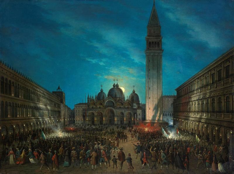 The Piazza San Marco during Carnival by Moonlight - Leone Colle, Charles Beddington, charlesbeddington.com