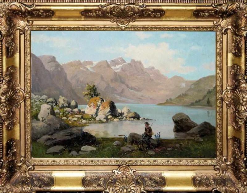 Victor Puhonny, Rast an einem Alpensee, Ölgemälde um 1870, originaler Prachtstuckrahmen Victor Puhonny, Aufrufpreis:	190 EUR Schätzpreis:	800 - 900 EUR