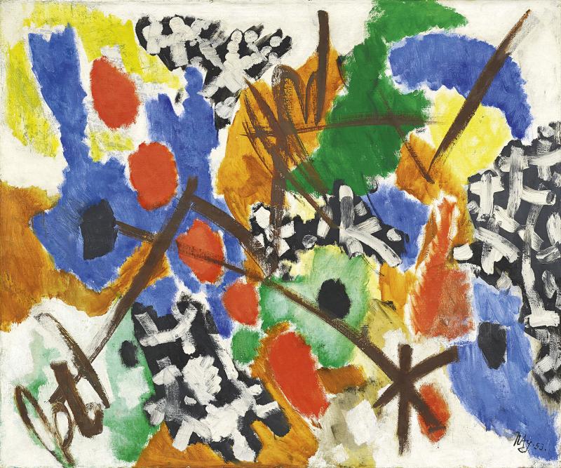 Ernst Wilhelm Nay (1902 - 1968) Einklang, 1953, Öl auf Leinwand, 100 x 120 cm, Schätzwert € 200.000 - 300.000, Auktion  27. November 2018