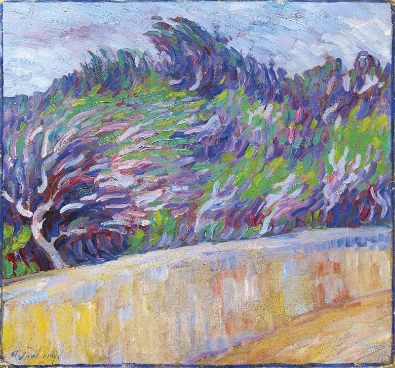 Alexej Jawlensky (1864 - 1941) Oliven, Mauer, Wind, 1907, Öl auf Karton, 49,7 x 52,7 cm, Schätzwert € 180.000 - 250.000; Auktion 28. November 2018