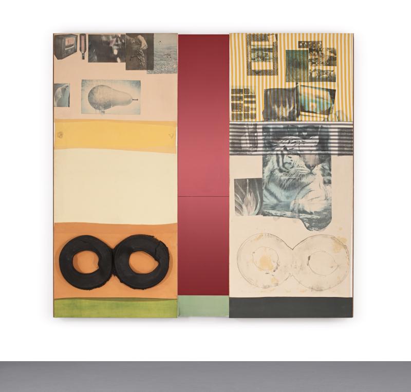 Ruby Re-Run (Spread), 1978 Solvent transfer on fabric collage with split tire, coloured mirrors, and graphite on wood panels 214,6 x 224,8 x 14 cm (84,49 x 88,5 x 5,51 in) (RR 1109) Photo : Glenn Steigelman, 2018