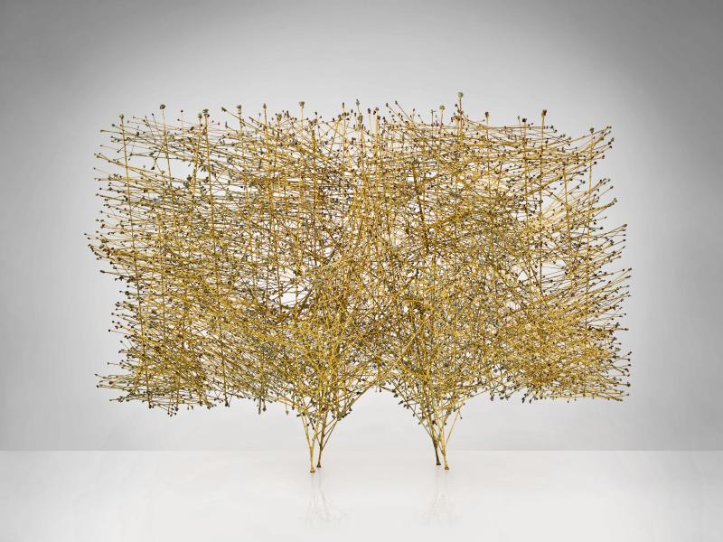 Lot 113 Important Design from the Collection of Dick and Jane Stoker Harry Bertoia Untitled (Monumental Wire Construction) welded brass-coated wire, bronze 56 x 82 x 22 in. (142.2 x 208.3 x 55.9 cm) circa 1965 Estimate $250/350,000