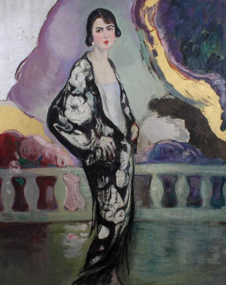 wohl Französischer Maler (um 1920/30), "Elegante Dame im Kimono auf südlicher Terasse", Öl auf Leinwand, 150 x 120 cm. Provenienz: erworben ca. 1970er Jahre in der Galerie Suffren, Inh. Jean-Louis Fourès, St. Tropez. Mindestpreis:	4.000 EUR