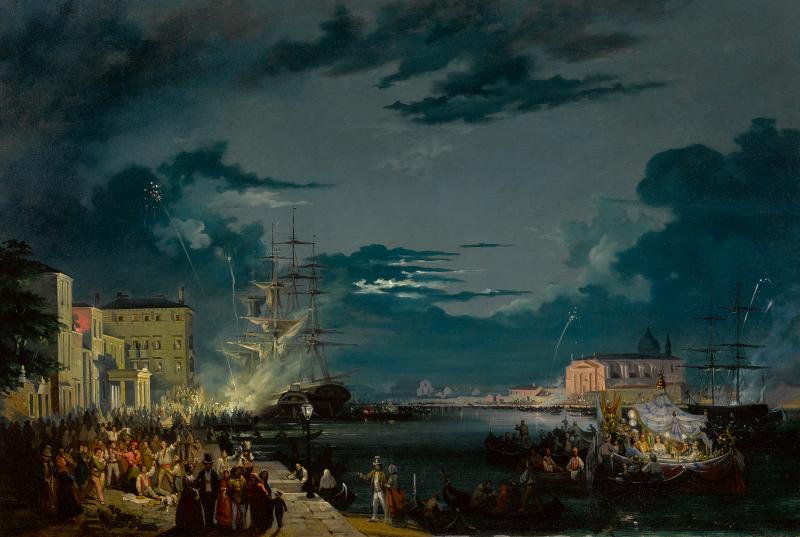 Lot 304 Carlo Grubacs Feast of the Redentore in Venice by Moonlight oil on canvas 26 1/2 by 39 1/4 in.; 67.3 by 99.7 cm. Estimate $120/180,000 Sold for $237,500