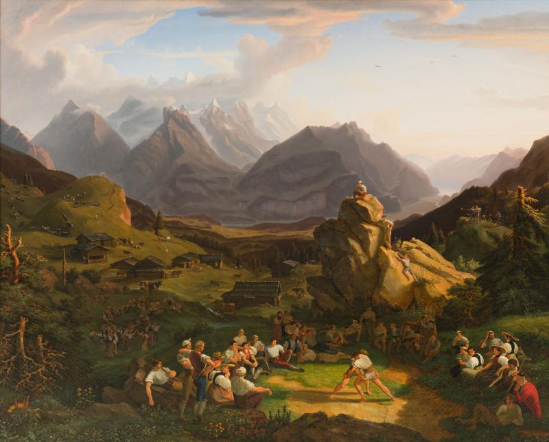 Jakob Christoph Miville, Schwingfest auf der Balisalp, 1822–24, Öl auf Leinwand, 191 ×239 cm, Privatsammlung Schweiz