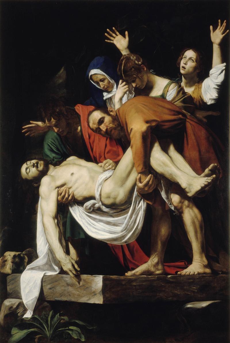 MICHELANGELO MERISI, GEN. CARAVAGGIO (1571 - 1610), DIE GRABLEGUNG CHRISTI, 1602/03  Leinwand, 300 × 203 cm © Vatikanstadt, Musei Vaticani, Pinacoteca Vaticana  The Entombment of Christ, 1602/03 Canvas, 300 × 203 cm © Città del Vaticano, Musei Vaticani, Pinacoteca Vaticana  De graflegging van Christus, 1602/03 Doek, 300 × 203 cm © Vaticaanstad, Musei Vaticani, Pinacoteca Vaticana