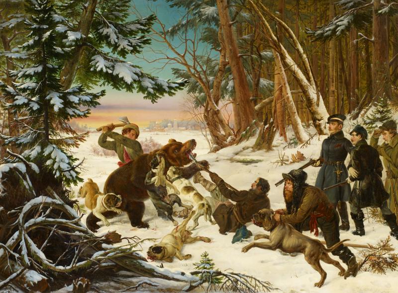 Otto Grashof (1812 – 1876) Winterliche Bärenjagd des Tsarevich Alexander Nikolaevich Öl auf Leinwand | 107 x 146 cm Taxe: 40.000 – 60.000 Euro