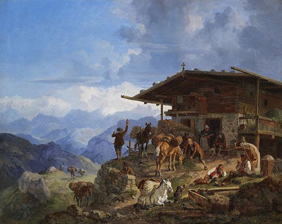 8 HEINRICH BÜRKEL Ankunft auf der Alm, 1835. Öl auf Leinwand Schätzpreis: € 25.000 - 35.000