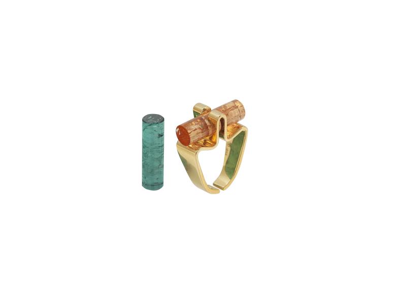 Friedrich Becker Ring, Gold 750, austauschbar Turmalin bzw. Topas, Design um 1958 Rufpreis € 2.000