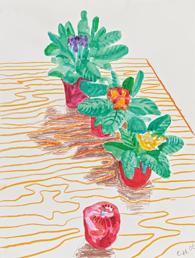 David Hockney (1937) Purple, Pink and Yellow African Violets with Apple on Table, New York | 2000 | Gouache und Farbkreide auf Papier | 61 x 45,5 cm Ergebnis: 258.000 Euro