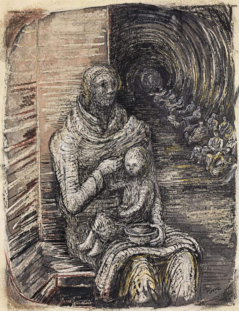 Henry Moore SHELTER DRAWING: SEATED MOTHER AND CHILD Estimate       600,000 — 800,000  GBP  LOT SOLD.	855,000 GBP