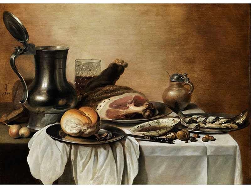 Pieter Claesz, um 1597 Steinfurt Haarlem. STILLLEBEN MIT ZINNKANNE, EINEM GLAS BIER, GEKOCHTEM SCHINKEN UND AUFGESCHNITTENEM FISCH Öl auf Holz. Klötzchenparkettiert. 52 x 70 cm.