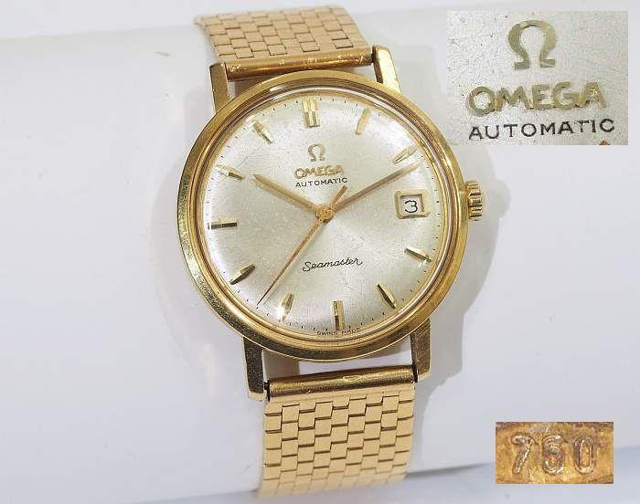 OMEGA Herrenarmbanduhr. 750er Gelbgold. SEAMASTER Automatic mit Datumanzeiger. Zifferblatt mit leichten Altersspuren, Ø 35,5 ohne Krone, Uhr läuft an. An 750er Gliederarmband.. Gesamtgewicht 78,4 Gramm. Mindestpreis:	1.700 EUR