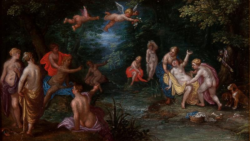 Jan Brueghel d.Ä. (1568-1625) und Hendrik van Balen (1575-1632) „Diana und Callisto“ Öl auf Kupfer, 9,3 x 16,4 cm Expertisen: Dr. Birgit Schmidt-Messner und Dr. Klaus Ertz  Foto: © Kunsthandel Zöchling