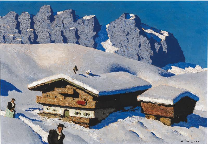 © Dorotheum Alfons Walde (Oberndorf 1891–1958 Kitzbühel) „Hof am Wilden Kaiser“, 1935, signiert A. Walde, auf der Rückseite ein gedruckter, vom Künstler beschrifteter Klebezettel „Hof am Wilden Kaiser 1935“, Öl auf Karton, 42 x 60 cm, in Orig.-Künstlerrahmen, versteigert für € 412.000