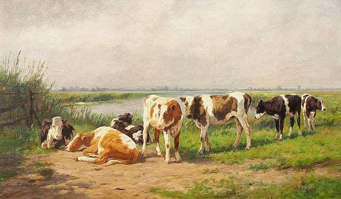 VAN LOKHORST, Dirk Peter. 1848 Utrecht, seit 1894 in Berlin tätig, war Tier- und Landschaftsmaler. "Weidende Kühe am Weiher. Mindestpreis:	300 EUR