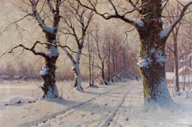 Moras, Walter (1856 Berlin - 1925 ebda.) "Spaziergang im Winterwald", Öl auf Leinwand, signiert unten rechts W. Moras, 80 x 120 cm Mindestpreis:	2.400 EUR