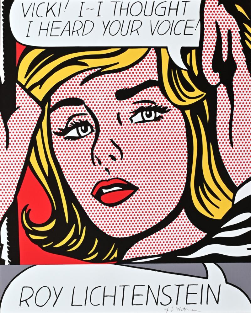 Lichtenstein, Roy. Vicki! I--I thought I heard your voice! Farboffsetlithographie von 1968. Signiert. 59 x 39 cm. Unter farblich passendem Passepartout gerahmt. 2000,-