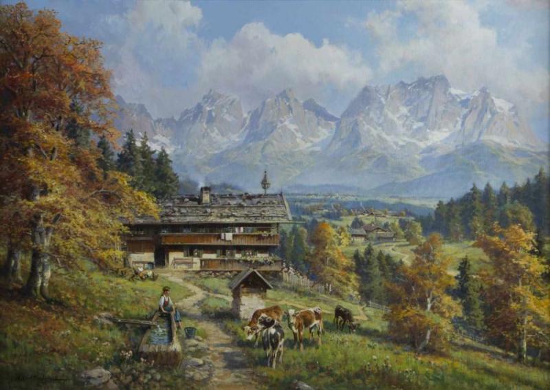 Kaplan, Hubert.  1940 München Bergbauernhof bei Elmau mit Blick auf den Wilden Kaiser. Öl/Lwd. Sign. 50 x 70 cm. Gerahmt.  Aufrufpreis:	1.500 EUR