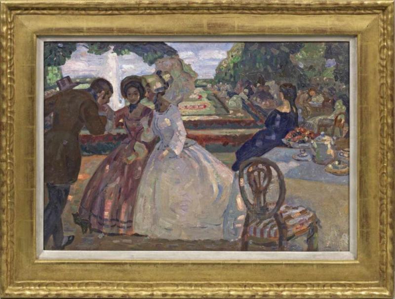 Leo Putz (1869 Meran - 1940 ebenda) "Sommers Lust und Freude". Originaltitel Galante Szene aus der Biedermeier-Zeit mit zwei jungen Damen, Mindestpreis:	35.000 EUR