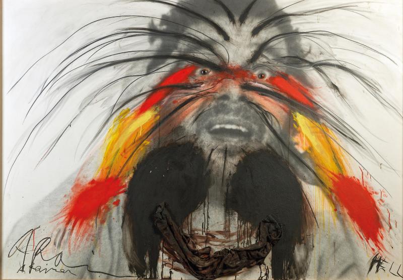 Arnulf Rainer (Baden bei Wien 1929 geb.) „Hell“, 1973, aus der Serie „Face Farces“, zweifach signiert A. Rainer und betitelt, Öl, Grafit, Kreide, Glas, Gewebe (bemaltes Gewebe auf den Augen und am unteren Rand in der Mitte) auf Fotografie auf Holz, 122 x 176 cm, erzielter Preis € 176.949