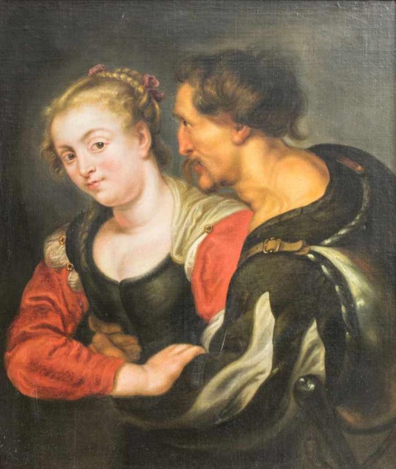 Peter Paul Rubens (1577 Siegen - 1640 Antwerpen) (Werkstatt) Ein Soldat eine Kurtisane umarmend, Öl auf Leinwand, doubliert, 84,5 cm x 72 cm  Zuschlagspreis:	26.000 EUR