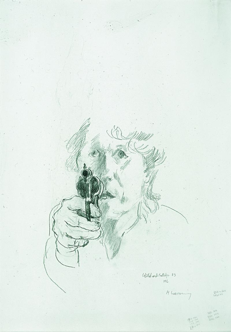 Maria Lassnig, Wildwestselbstporträt, 1983, Zeichnung, Sammlung Klewan  © Maria Lassnig Foundation/ VG Bild-Kunst, Bonn 2019