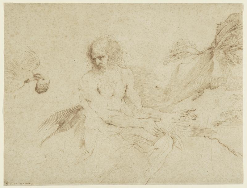 Giovanni Francesco Barbieri (genannt Guercino) Der Heilige Paulus von einem Raben gespeist, um 1650–1655 Feder in Braun auf hellbeigem Papier, 27,6 x 36,3 cm Kunsthaus Zürich